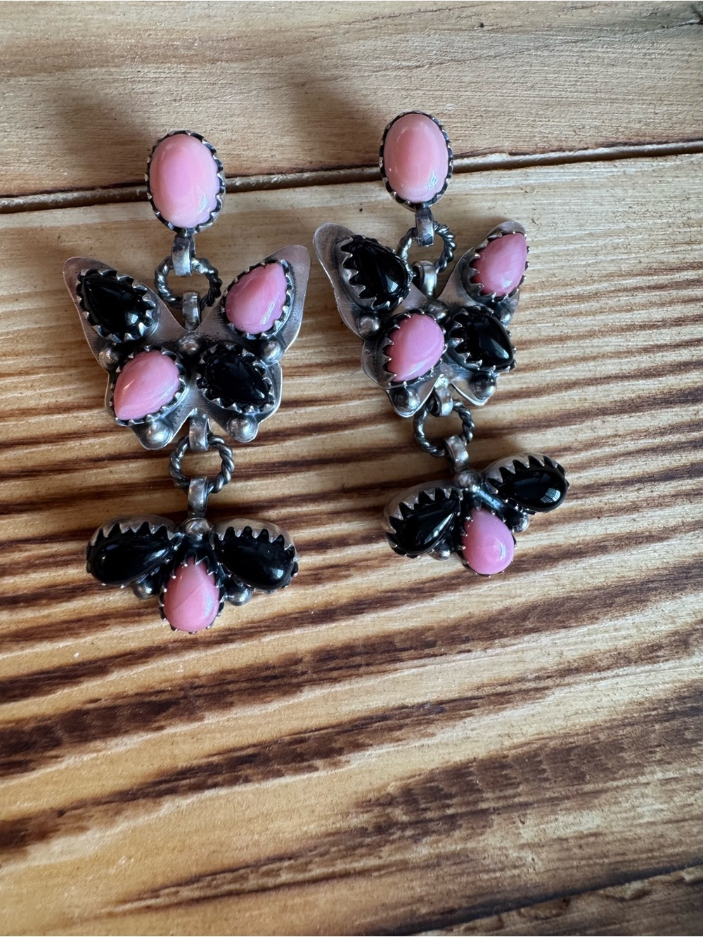 Pink Conch and Black Onyx Dangle Butterfly Earrings